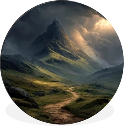 WallCircle - Wandcirkel - Muurcirkel - Bergen - Kronkelpad - Groen - Wolken - Aluminium - Dibond - 30x30 cm - Binnen en Buiten