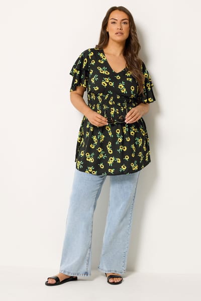 Yours Zwarte Top Met Zonnebloemprint En Wijdvallende Mouwen Size 42