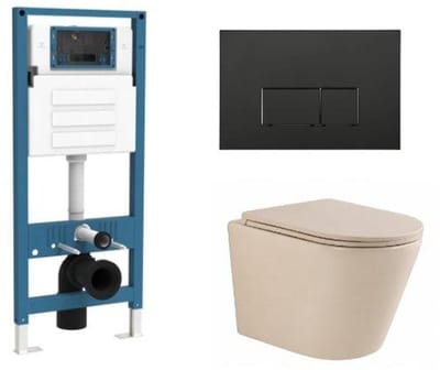QeramiQ Dely Toiletset - inbouwreservoir Qeramiq Flush - slim zitting - kunststof mat zwarte bedieningsplaat - rechthoekige knoppen - beige
