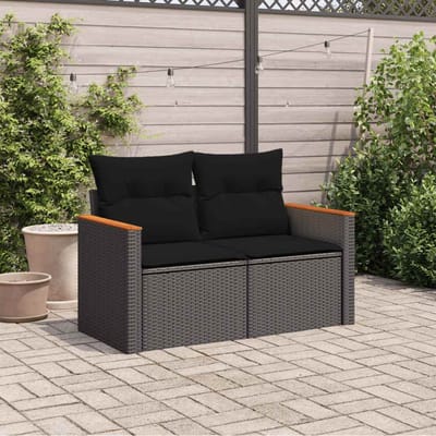 vidaXL - Tuinbank - 2-zits - met - kussens - poly - rattan - zwart
