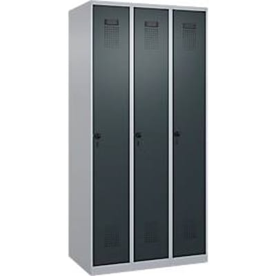 C+P Evolo Plus garderobekast, 3 vakken, rechts scharnierend, veiligheidsdraaistang, B 900 x D 500 x H 1850 mm, blank aluminium/antracietgrijs