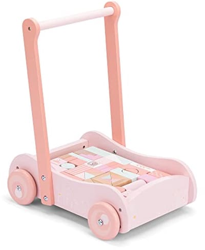 Houten Loopwagen met Blokken - Loopsteun voor Baby's met 46 Houten Blokken - Klassiek Speelgoed voor Meisjes en Jongens