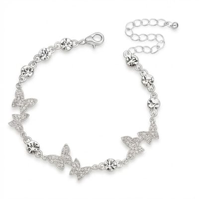 Zilverkleurige armband voor dames met vlindermotieven en fonkelende steentjes – verstelbare dames armband met sprankelend design