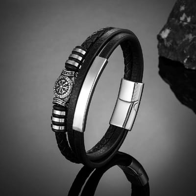 Viking Rune Kompas Meerlaagse Leren Armbanden Heren Roestvrij Staal Magneetsluiting Polsband Vintage Noorse Mannelijke Amulet Sieraden 21cm gray