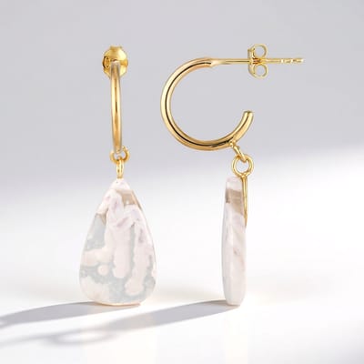 Cavill - Zilveren Oorbellen met Witte Agaat 10 ct - 925 Sterling Zilver Verguld - Fancy Cabochon Druppelvorm - Indonesische Sieraden