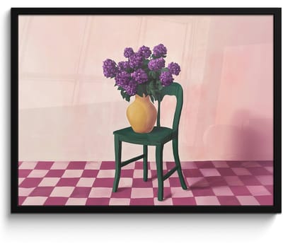 Poster in lijst - Fotolijst 70x50 cm - Posters - Stoel - Vaas - Bloemen - Geblokt - Posterlijst zwart - Decoratie - Wanddecoratie woonkamer - Muurdecoratie slaapkamer