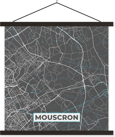 Posterhanger incl. Poster 60x60 cm - Schoolplaat - Plattegrond – Mouscron – Blauw – Stadskaart - Kaart - België - Textielposter - Zwarte latten - Stadskaart