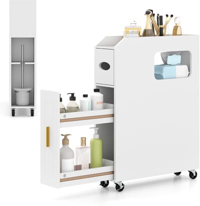 COSTWAY Nisekkast voor badkamer, met lade op wieltjes, kleine badkamerkast met tissuedoos en borstelhouder, houten zijkast, multifunctionele kast voor kleine ruimtes (wit)