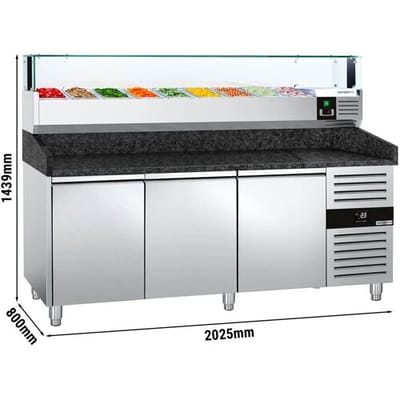 GGM Gastro Pizzakühltisch PREMIUM - 2000x800mm - mit 3 Türen - inkl. Kühlaufsatzvitrine LED - 9x GN 1/3 Zilver