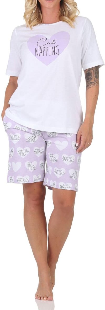 Normann dames pyjama shorty met korte mouwen pyjama met hart- en kattenmotief