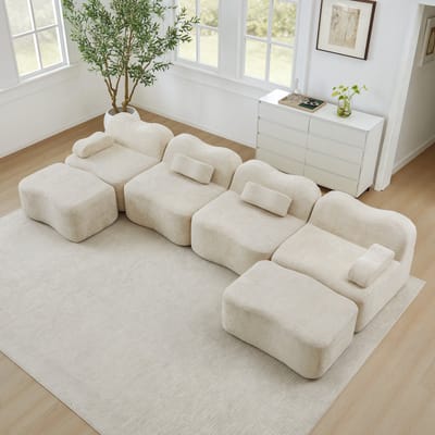 DESMIU U-Bank 384 x 167 x 70 cm - Modulaire 4-Zits Met 2 Ottomans En Golfvorm - Voor Woonkamer En Appartement - Fluweel - Beige