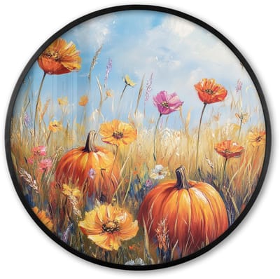 Poster in lijst Rond - Fotolijst 60x60 cm - Posters - Bloemen - Herfst - Pompoen - Natuur - Landschap - Ronde posterlijst zwart - Decoratie - Wanddecoratie woonkamer - Muurdecoratie slaapkamer