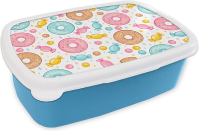 Broodtrommel Blauw - Lunchbox - Brooddoos - Snoep - Donuts - Patronen - 18x12x6 cm - Kinderen - Jongen