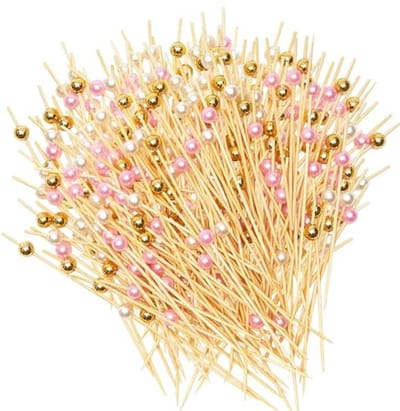 Cocktailprikkers van Bamboe, 300 Stuks, 12 cm, Ideaal voor Fingerfood, Feestjes en Drankjes, Met Acryl Kralen in 3 Kleuren