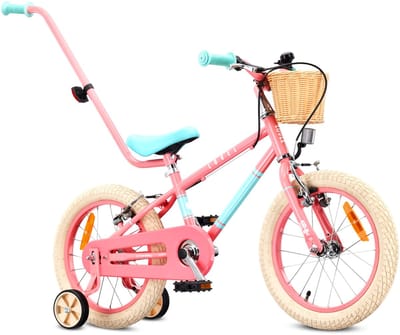 Sun Baby Kinderfiets 16 Inch LOVEL Fiets voor Meisje 4-6 Jaar, Max 50 kg - zijwieltjes, mandje, bel, kettingkast, duwstang - Roze-Muntgroen