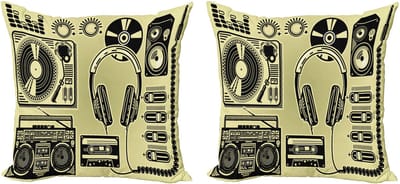ABAKUHAUS HipHop decoratieve kussenhoezen (2 stuks), platenspelerkoptelefoon, 50x50 cm, lichtgeel en zwart
