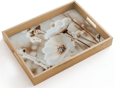 Dienblad hout 40x30 cm - Schootdienblad - Bloemen - Winter - Wit - Sneeuw - Beige - Borrelplank rechthoek - Plateau dienbladen