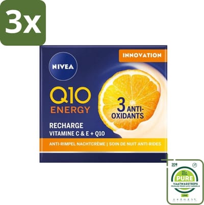 3 x NIVEA – Nachtcrème – Q10 Energy Recharge – 50 ml - Grootverpakking - Nachtcrème - Anti-aging - Huidversterking - Huidbarrière - Rimpels