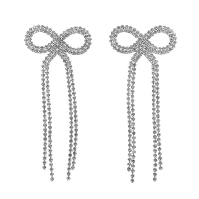 Strik / Bow Strass Oorbellen - Zilverkleurig | 8,7 x 3,8 cm | Fashion Favorite