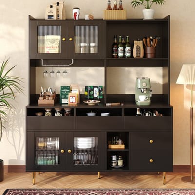Sweiko Dressoir - Glazen deuren - Wijnglazenrek - 5 lades - Gouden handgrepen - Zwart