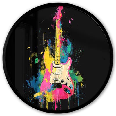 Poster in lijst Rond - Fotolijst 40x40 cm - Posters - Gitaar - Kleurrijk - Verf - Ronde posterlijst zwart - Decoratie - Wanddecoratie woonkamer - Muurdecoratie slaapkamer