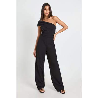 boohoo Dames Jumpsuit Met Éen Schouder, Geplooid Detail En Wijde Pijpen | Zwart | Maat: 36