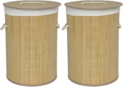 Gerimport Wasmand van bamboe Irka - 2x - 48 liter - D35 x 50 cm - met deksel / binnenvoering - opvouwbaar