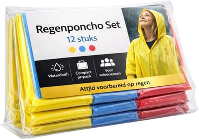Regenponcho voor Volwassenen – Set van 12 Stuks – Individueel Verpakt – 4x Rood, 4x Geel, 4x Blauw – Waterdicht – 105 x 130 cm