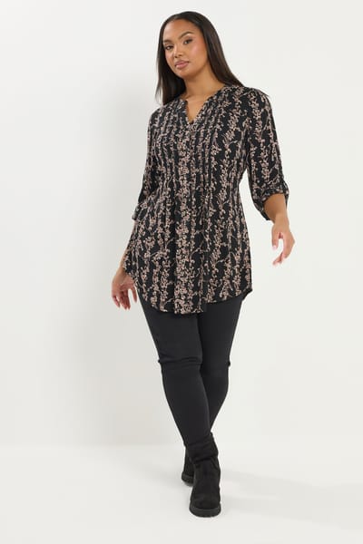 Yours Zwarte Blouse Met Pailletten, Bloemenprint En Plooien Size 42