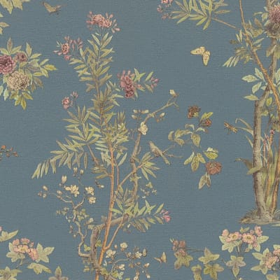 Bloemen behang Profhome 790434-GU vliesbehang hardvinyl warmdruk in reliëf licht gestructureerd met bloemmotief mat blauw olijfgroen bruin roze 5,33 m2