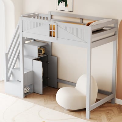 STILVORA Hoogslaper 90x200 cm – Kinderbed Met Veiligheidsdeur & Raam – Opbergrek Met Ladder Links/Rechts – Massief Hout – Grijs – Zonder matras