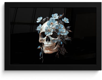 Poster in lijst - Fotolijst 30x20 cm - Posters - Schedel - Blauw - Bloemen - Bladeren - Posterlijst zwart - Decoratie - Wanddecoratie woonkamer - Muurdecoratie slaapkamer