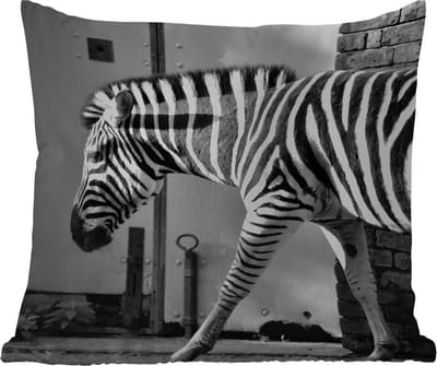 Tuinkussen - Zebra - Muur - Deur - Dieren - Zwart wit - 40x40 cm - Weerbestendig