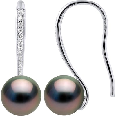 Oorbellen Echte Gekweekte Tahitiaanse Parel Rond 8-9 mm gemonteerd met Cubic Zirconia