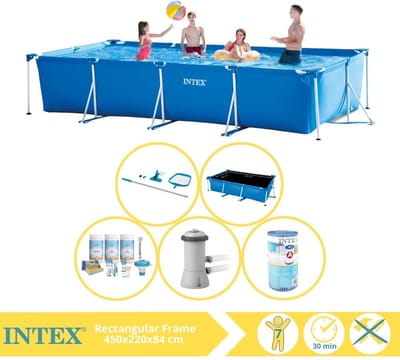 Intex Rechthoekig Frame Zwembad - 450 x 220 x 84 cm - Blauw - Inclusief Solarzeil - Onderhoudspakket - Zwembadfilterpomp - Filter - Schoonmaakset - 6-delig