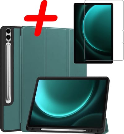 Hoesje Geschikt voor Samsung Galaxy Tab S9 FE Plus - Met Screenprotector - Trifold Bookcase - Hard Cover Case - Met Uitsparing Geschikt voor S Pen - Hardcover Book - Tablet Hoes - Donkergroen