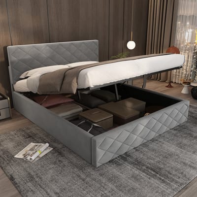 SINGULARITY-Gestoffeerd bed- hydraulisch functioneel bed met lattenbodem en opbergruimte- 140 x 200- eenvoudig en elegant- grijs- zonder matras