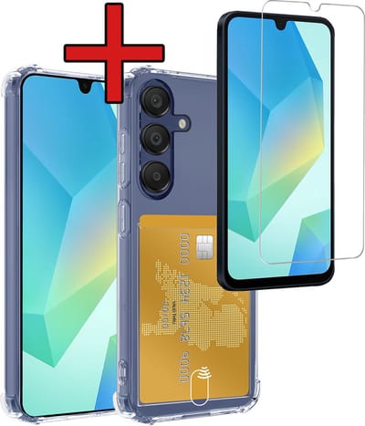 Hoesje - Geschikt voor Samsung Galaxy A16 - Met Screenprotector - Pashouder - Kaarthouder - Back Cover - Telefoon Hoes Shockproof - Siliconen Case - Shock Proof - Pasjes Houder - Telefoonhoes - Transparant