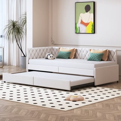 Dagbed 90/180x200cm Uittrekbare slaapbank Gestoffeerd bed Logeerbed voor woonkamer appartement, fluweel, beige, zonder matras