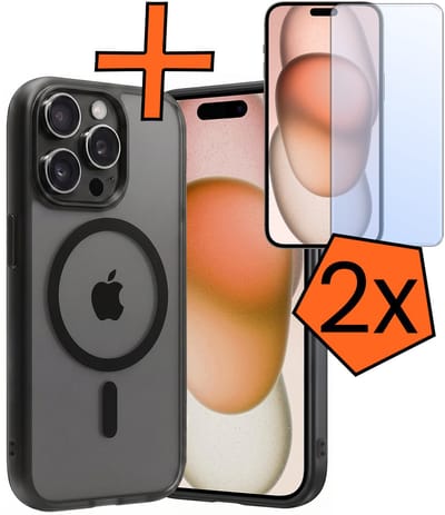 Hoes - Met 2x Screenprotector - Geschikt voor Apple iPhone 15 Pro - Magsafe Compatible - Sterk & Shockproof - Back Cover - Shock Proof Case - Telefoon Hoes - Zwart