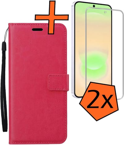 Hoes - Met 2x Screenprotector - Geschikt voor Samsung Galaxy A37 - Luxe Pasjeshouder - Bookcase Portemonee - Flip Case - Kunstleer Book Case - Flipcase Hoes - Book Cover - Walletcase - PortemonneeHoes - Donkerroze