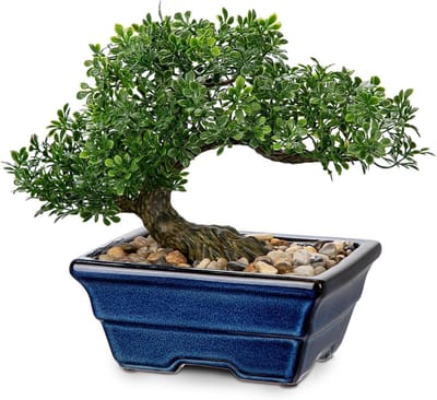 Kunstmatige bonsai boom juniperus voor binnen - kleine nepplanten in blauwe keramische potten voor decoratie van huis, kantoor, badkamer en woonkamer