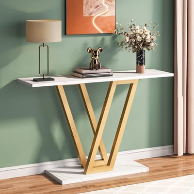 Tribesigns Console Tafel - Bijzettafel - Sidetable Morden met Metalen Basis in Roostervorm - Metalen Frame - Wit Goud - 110 x 30 x 80 cm