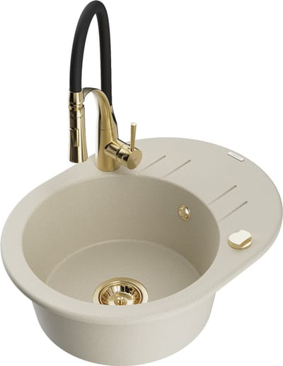 Mexen Kevin granieten spoelbak 1-komerig met afdruiprek en keukenkraan Aster, beige - 6517-69-73450-57-G