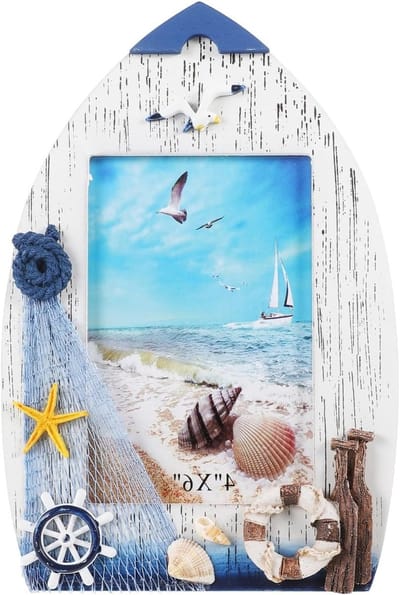 Vintage fotolijsten set van 6 - Nautische decoratie voor strand- en trouwfoto's, houten schelpenlijst