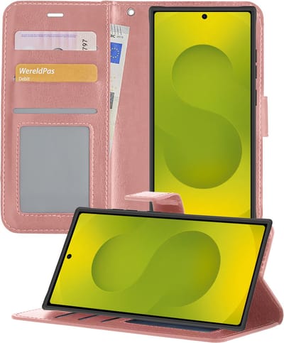 Hoesje - Met Pasjeshouder - Geschikt voor Samsung Galaxy S25 Ultra - Luxe Bookcase Portemonee - Flip Case - Kunstleer Book Case - Flipcase - Book Cover - Walletcase - Portemonneehoes - Telefoonhoesjes - Rosé goud