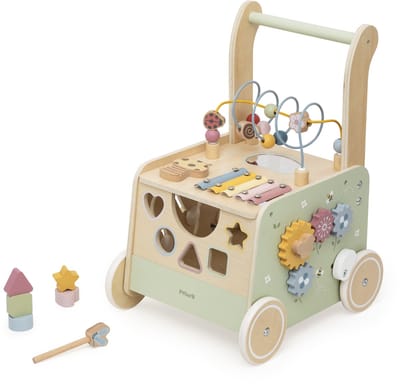 PolarB Houten Loopwagen met Activiteiten - Baby Walker met Blokken, Kralenbaan, Vormenstoof en Muziekinstrument - Educatief Speelgoed vanaf 12 Maanden