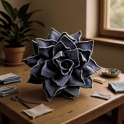 Broche-Boheemse denim rozenbroche 15 cm | Grote reversspeld en camelia haarclip voor dames en meisjes | Multifunctionele corsagebroche van denim materiaal-Denim met puntige randen (Denimblauw)