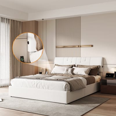 140x200 Opbergbed met Gaslift & Oplaadpunten – Teddy Stof Tweepersoonsbed Crème/Wit met Hoofdbord – Bedframe 140x200