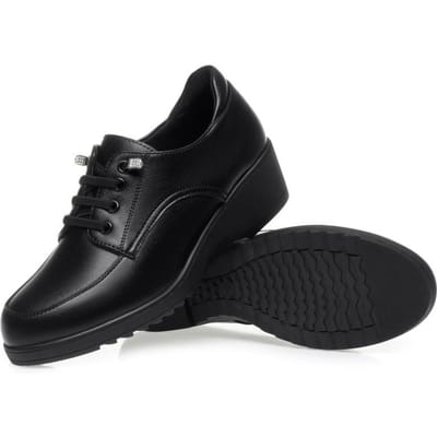 Klassieke Dames Veterschoenen van Zacht Leer met Ronde Neus Casual Comfortabele Wedge Schoenen Lente Herfst Mode Moederschoenen 35 black